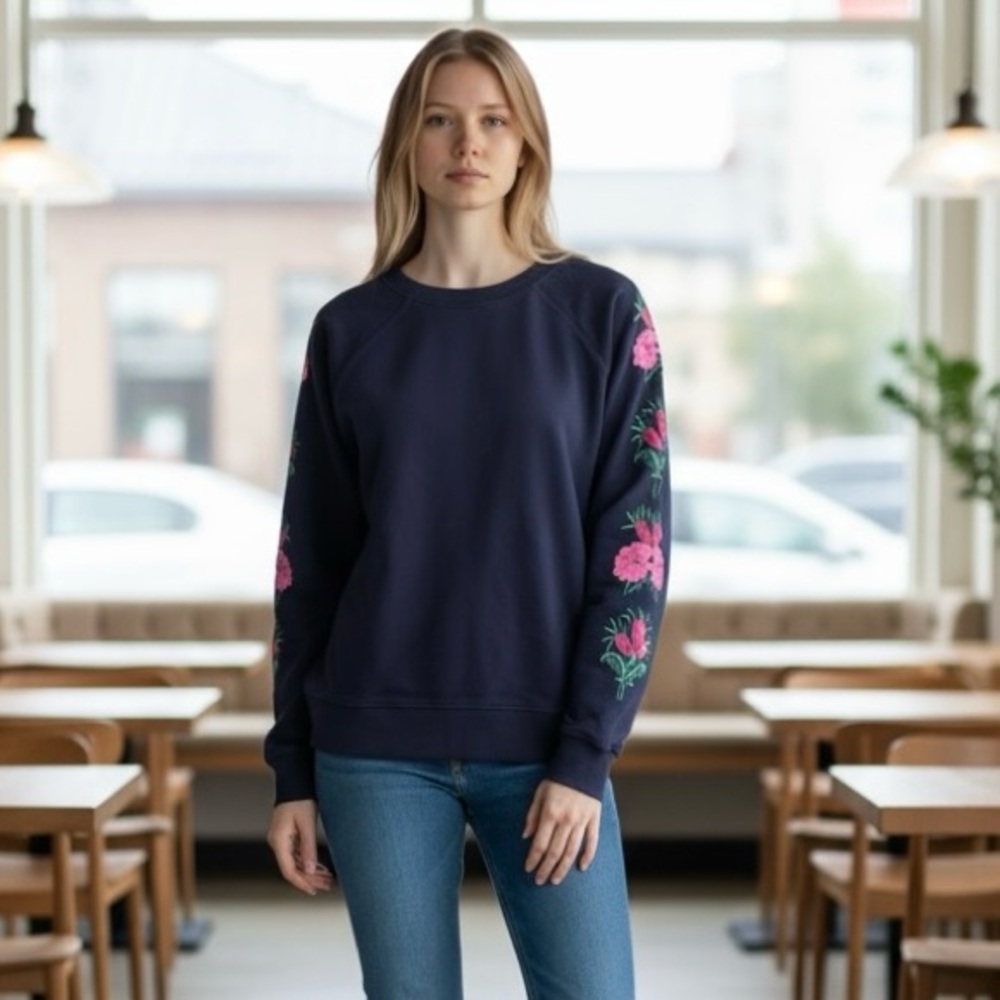 J.Crew Navy Blue Sweatshirt with Embroidered Flowers
